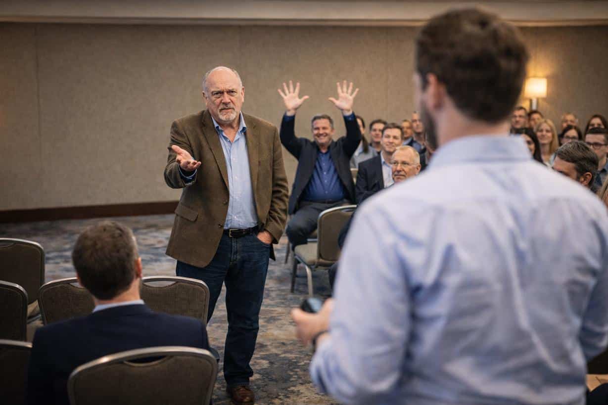 Führen ohne Weisungsbefugnis: Projektleiter George zeigt in einer Konferenz stumm die Zahl Zehntausend — eine Szene über laterale Führung